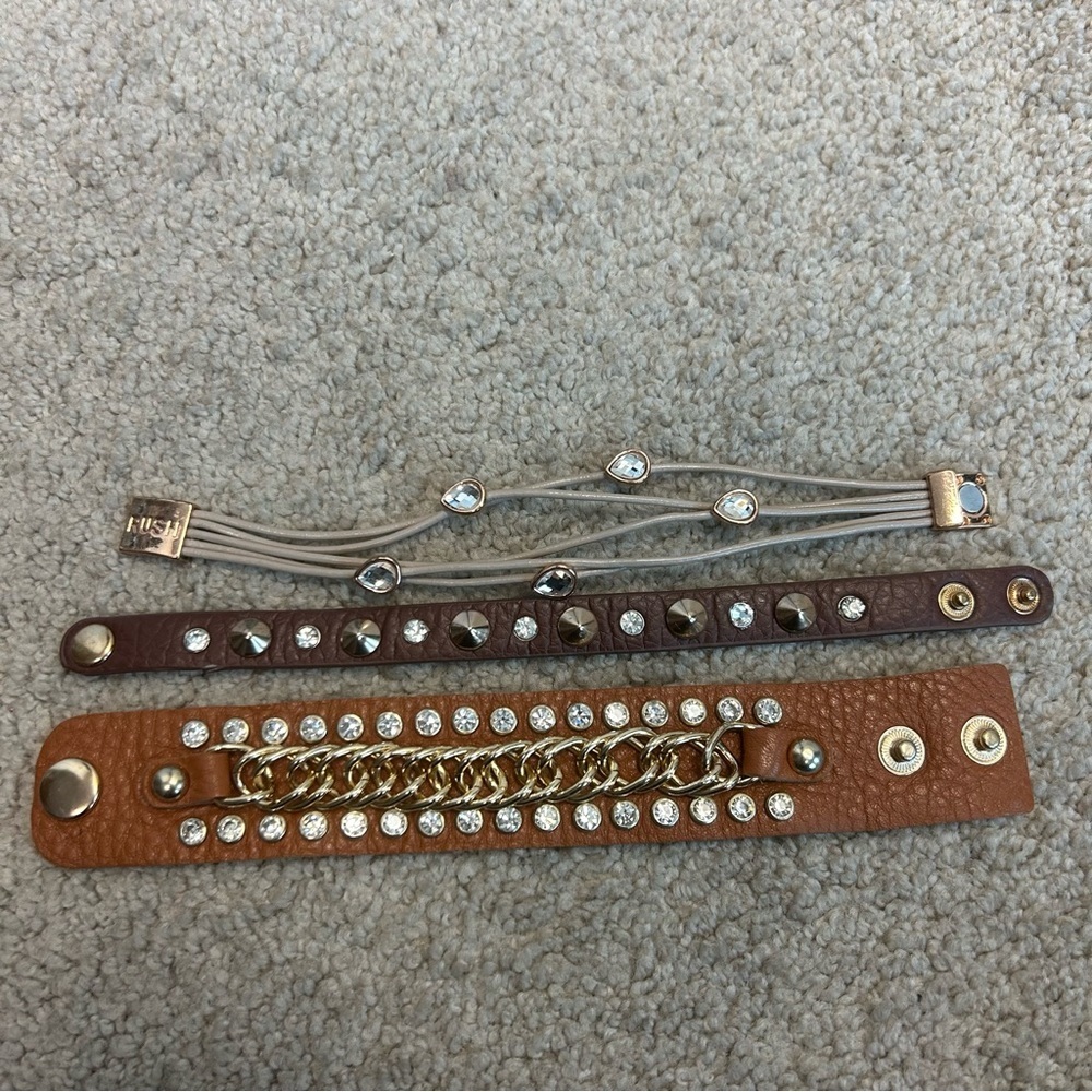 Bundle of brown rhinestone Chainlink  leather bracelets western rodeo stampede